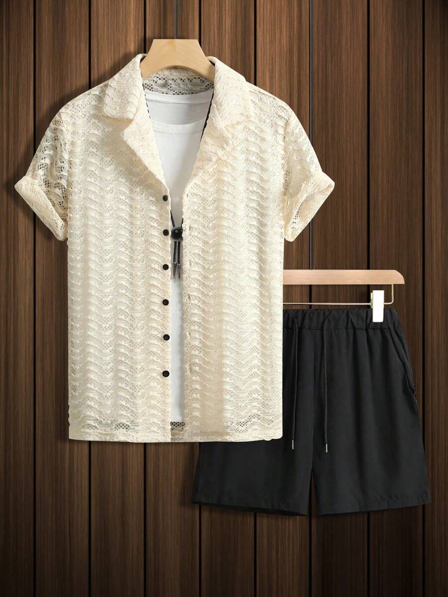 Manfinity Homme Men Hollow Out Shirt & Drawstring Waist Shorts Without Tee - Multicolor - View 1