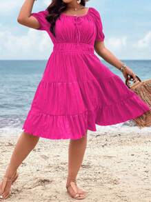 Breezaya Plus Tie Front Layered Hem Dress