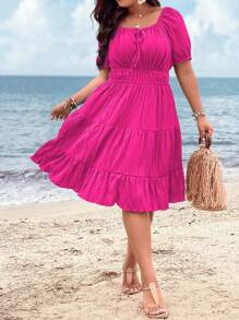 Breezaya Plus Tie Front Layered Hem Dress