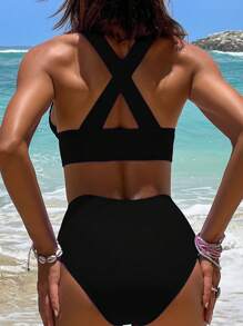 Swim SXY 腰部鏤空深V領十字交叉連體泳衣 - 黑色 - 查看 7