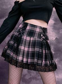 Gothic High Waist Lace Trim Tartan Lace Up Front Pleated Skirt - Multicolor - View 1