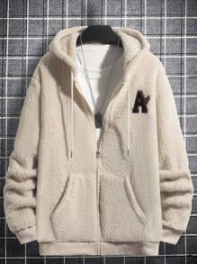 Manfinity Hypemode 男士字母刺繡抽繩連帽泰迪夾克 - 杏色 - 查看 1