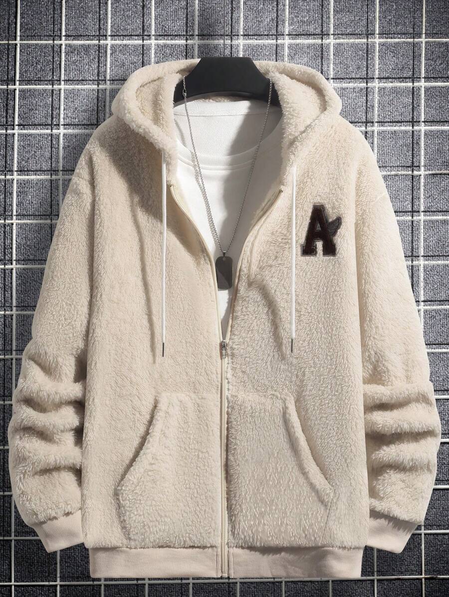 Manfinity Hypemode 男士字母刺繡抽繩連帽泰迪夾克 - 杏色 - 查看 1