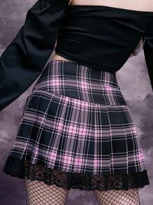 Gothic High Waist Lace Trim Tartan Lace Up Front Pleated Skirt - Multicolor - View 2