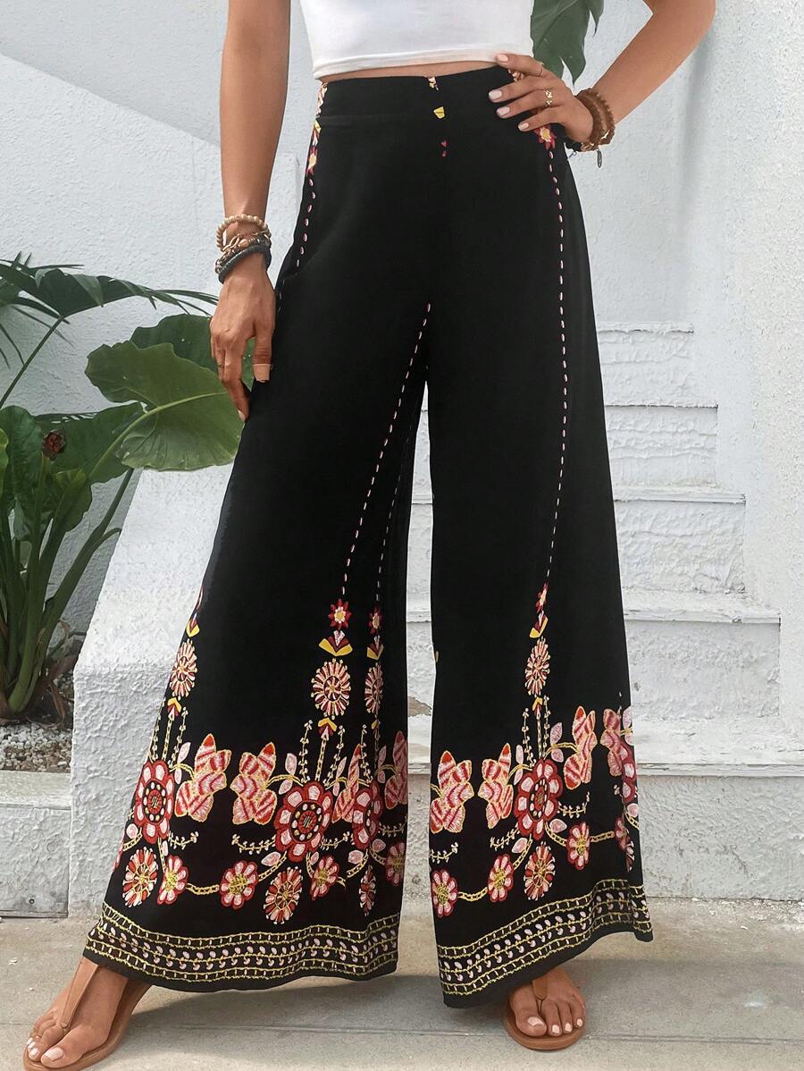 SHEIN VCAY Floral Print Wide Leg Pants