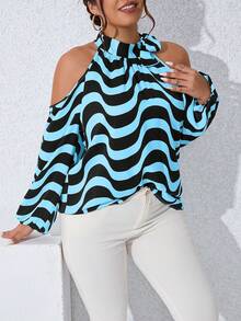Calvaya Plus Wave Striped Cold Shoulder Lantern Sleeve Blouse - Multicolor - View 3