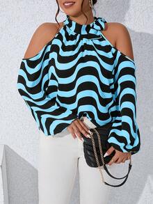 Calvaya Plus Wave Striped Cold Shoulder Lantern Sleeve Blouse - Multicolor - View 4