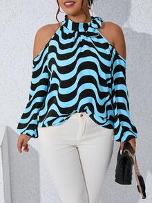 Calvaya Plus Wave Striped Cold Shoulder Lantern Sleeve Blouse - Multicolor - View 5
