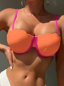 Contrast Binding Scallop Trim Underwire Bikini Top - Multicolor - View 1