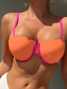 Contrast Binding Scallop Trim Underwire Bikini Top - Multicolor - View 7