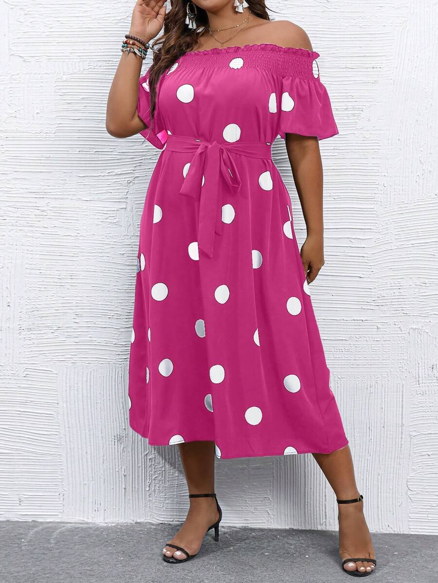 SHEIN LUNE 大碼波點圖案一字肩繫腰帶連衣裙 - 玫紅色 - 查看 1