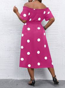 SHEIN LUNE 大碼波點圖案一字肩繫腰帶連衣裙 - 玫紅色 - 查看 2