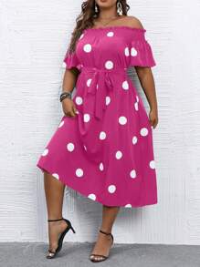 SHEIN LUNE 大碼波點圖案一字肩繫腰帶連衣裙 - 玫紅色 - 查看 3