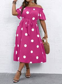 SHEIN LUNE 大碼波點圖案一字肩繫腰帶連衣裙 - 玫紅色 - 查看 4