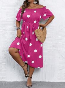 SHEIN LUNE 大碼波點圖案一字肩繫腰帶連衣裙 - 玫紅色 - 查看 5