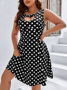 SHEIN Holidaya Plus Polka Dot Print Cut Out Front Dress - Black - View 3