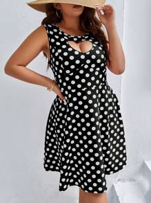 SHEIN Holidaya Plus Polka Dot Print Cut Out Front Dress - Black - View 4