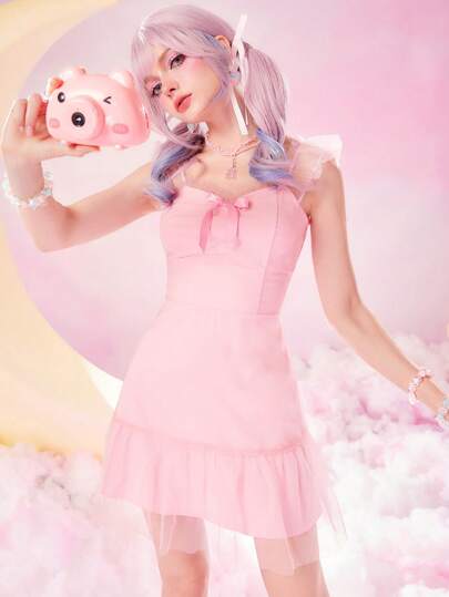 Kawaii فستان شبكة متباينة حافة مكشكشة مزخرف بعقدة الفراشة