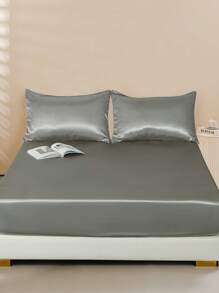 3pcs Satin Solid Bedspread Set [3 PiecesMulti-Color] Luxury Sateen Bedcover - Ultra Soft & Fine Fiber Set, Wrinkle-Resistant, Fade-Resistant, Stain-Resistant - Fitted Sheet, Pillowcases, King Size - Grey - View 5
