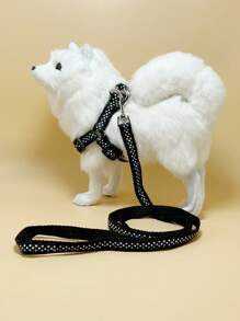 1套幾何印花寵物牽引帶和背帶，黑色耐用寵物項圈套裝，適合家用 - 黑色 - 查看 1