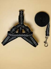 1套幾何印花寵物牽引帶和背帶，黑色耐用寵物項圈套裝，適合家用 - 黑色 - 查看 2