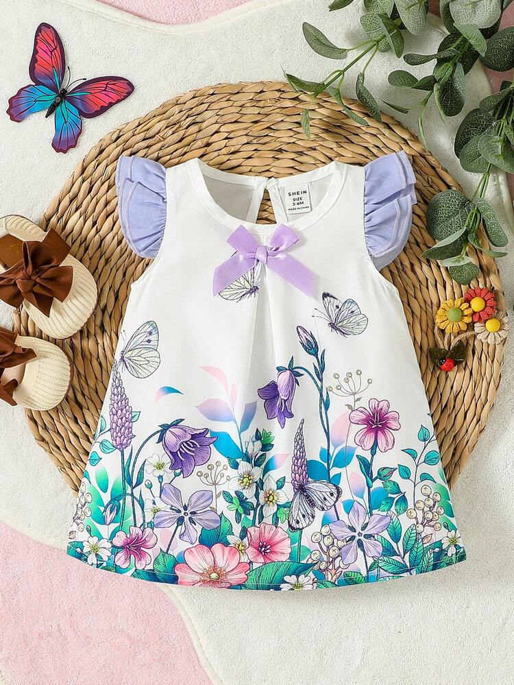 Baby Girl Floral Print Ruffle Trim Bow Front Butterfly Sleeve Dress