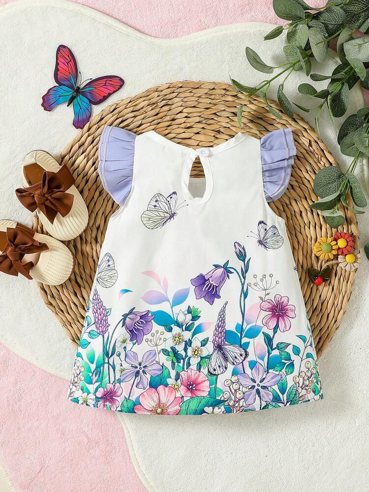 Baby Girl Floral Print Ruffle Trim Bow Front Butterfly Sleeve Dress