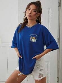 SHEIN EZwear Áo thun nữ Thực vật Slogan Giải trí - Xanh đậm - Xem 2