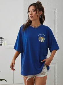 SHEIN EZwear Áo thun nữ Thực vật Slogan Giải trí - Xanh đậm - Xem 4