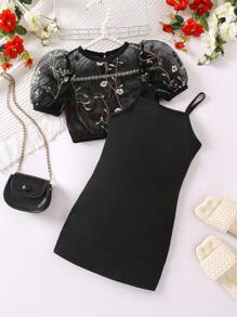 SHEIN 年輕女孩黑色花卉印花圓領短袖泡泡袖套裝,夏季