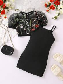 SHEIN 年輕女孩黑色花卉印花圓領短袖泡泡袖套裝,夏季