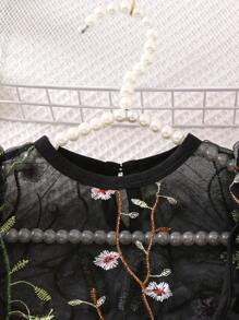 SHEIN 年輕女孩黑色花卉印花圓領短袖泡泡袖套裝,夏季