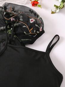 SHEIN 年輕女孩黑色花卉印花圓領短袖泡泡袖套裝,夏季