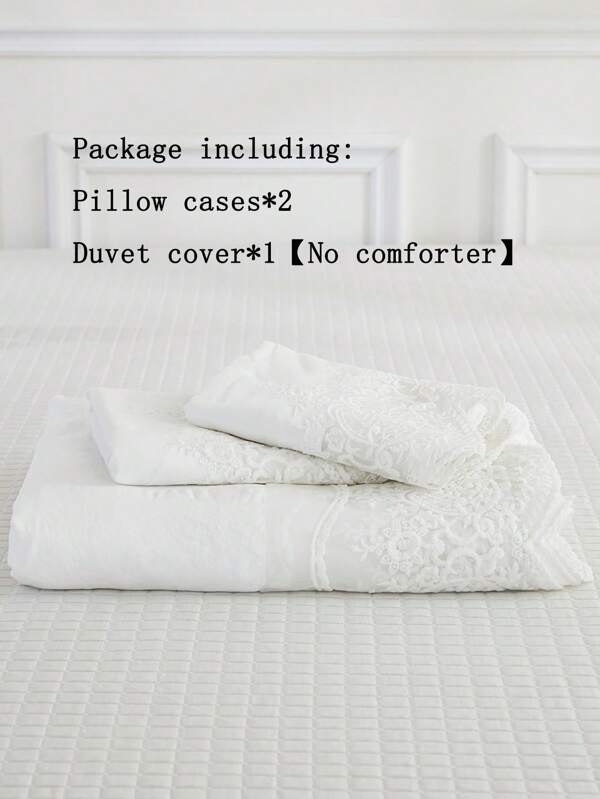 3pcs Lace Decor White Duvet Cover Set With 1pc Cover, 2pcs Pillow Case
