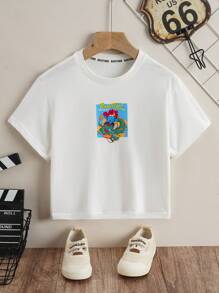 Young Boys Loose Fit Drop Shoulder Short Sleeve T-Shirt With Plain Chinese Style Rainbow Dragon & Tiger Print, Suitable For Leisure Vacation, Summer - White - View 1