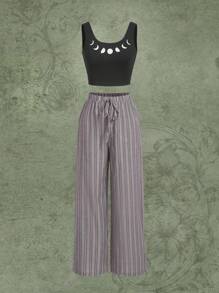 Moon Print Tank Top & Striped Pants - Multicolor - View 1