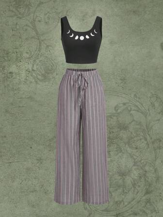 Moon Print Tank Top & Striped Pants