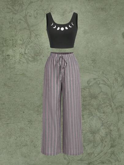 Moon Print Tank Top & Striped Pants