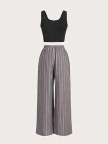 Moon Print Tank Top & Striped Pants - Multicolor - View 4