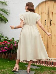 Mulvari Vestido con bordado floral ribete con fruncido - Beis - Ver 2