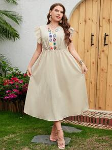 Mulvari Vestido con bordado floral ribete con fruncido - Beis - Ver 3