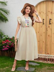 Mulvari Vestido con bordado floral ribete con fruncido - Beis - Ver 4