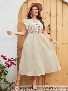 Mulvari Vestido con bordado floral ribete con fruncido - Beis - Ver 5