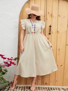 Mulvari Vestido con bordado floral ribete con fruncido - Beis - Ver 6