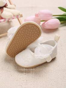 Baby Girls Floral Embroidered Bow Decor Cute Mary Jane Flats For Outdoor