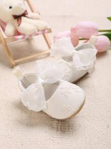Baby Girls Floral Embroidered Bow Decor Cute Mary Jane Flats For Outdoor