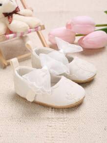 Baby Girls Floral Embroidered Bow Decor Cute Mary Jane Flats For Outdoor