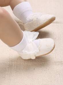 Baby Girls Floral Embroidered Bow Decor Cute Mary Jane Flats For Outdoor