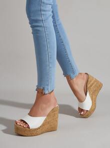 白色寬肩帶坡跟涼鞋帶厚鞋底 - 白色 - 查看 8