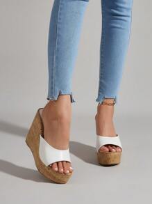 白色寬肩帶坡跟涼鞋帶厚鞋底 - 白色 - 查看 9